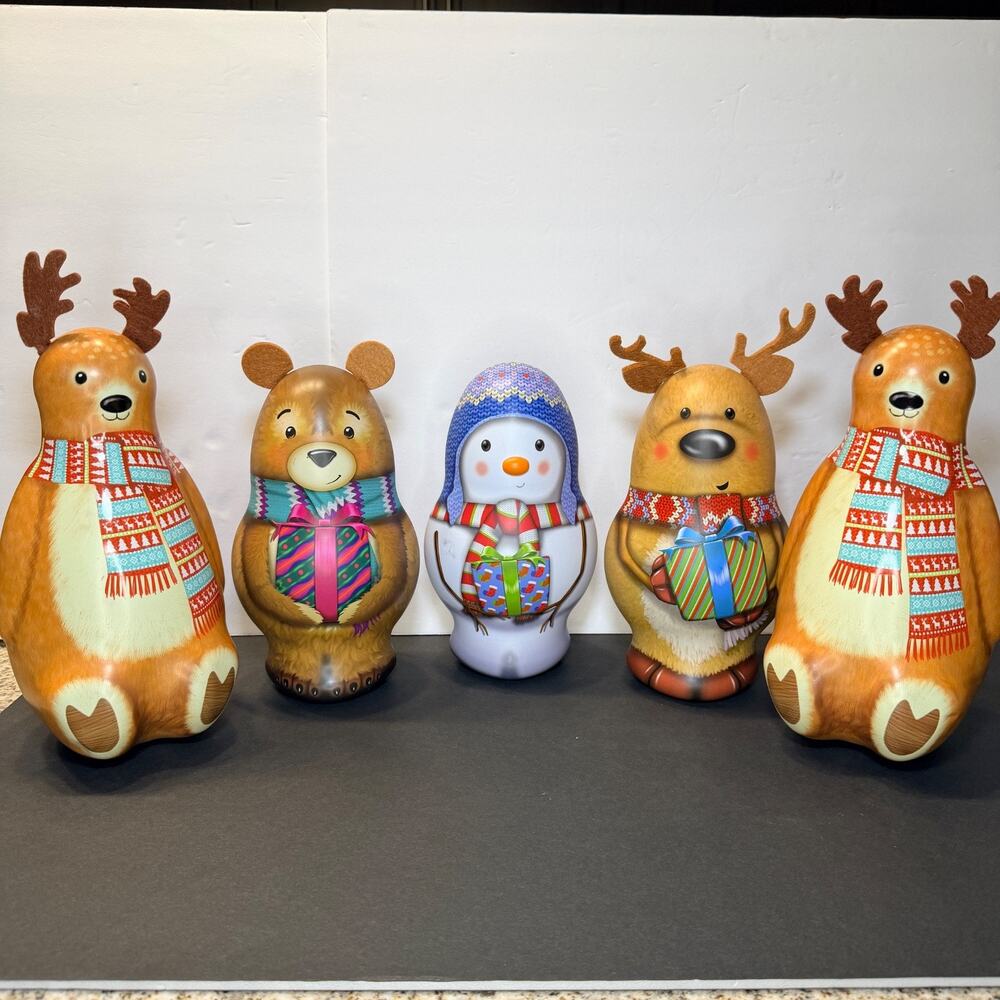 Lot of 5 Christmas Character Tins Reindeer Snowman Bear Nesting Style Felt Ears